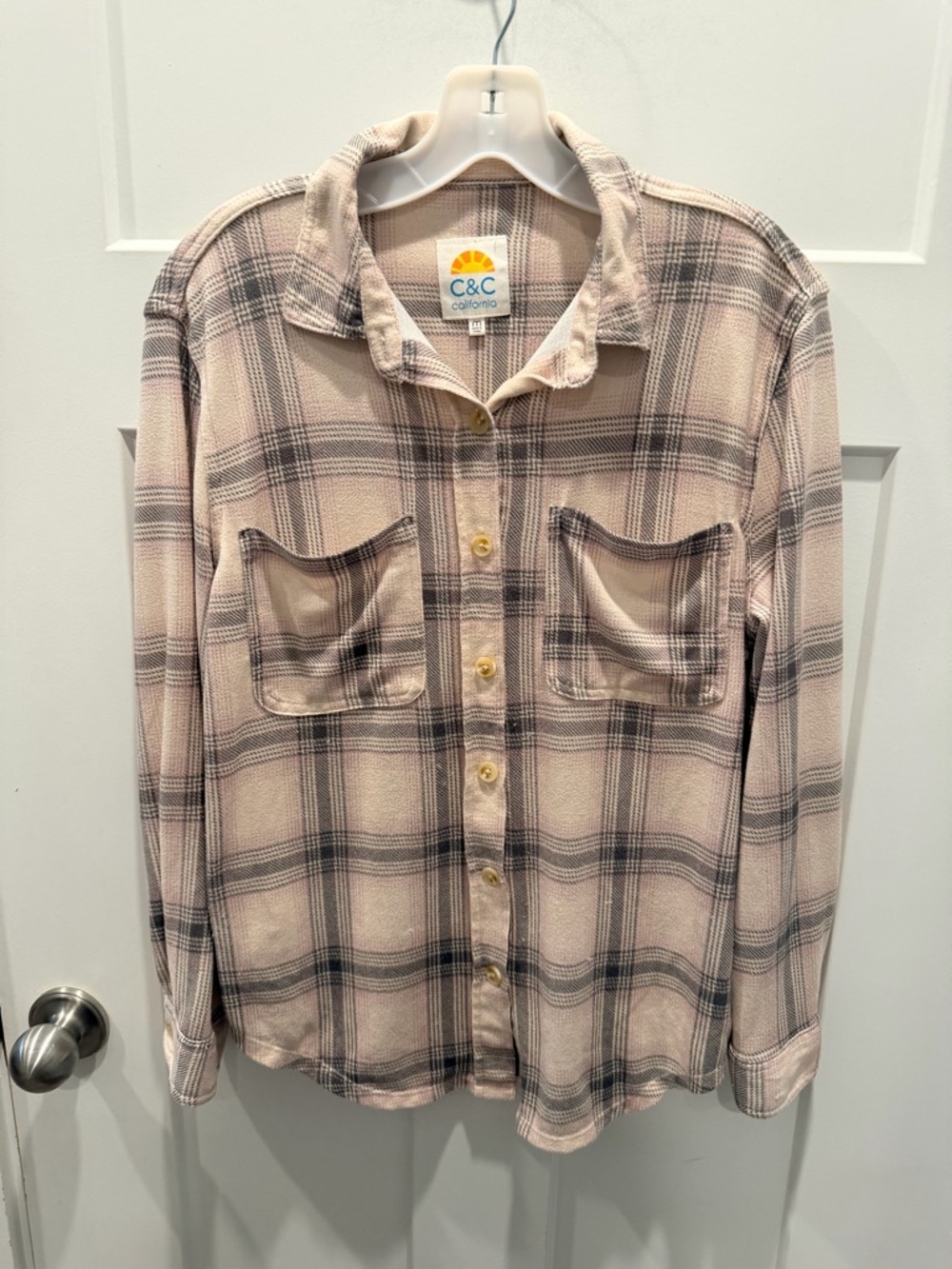 C&C California Plaid Button Down Shirt Medium Pink Gray Flannel Casual Top
